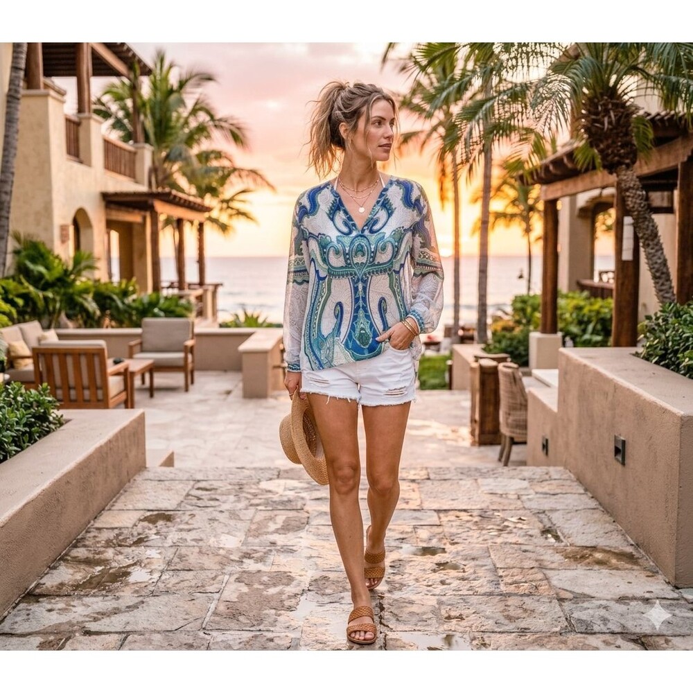 Chicos Lightweight Sheer Coastal Artsy Boho V-neck Blue White  Tunic Top Size XL